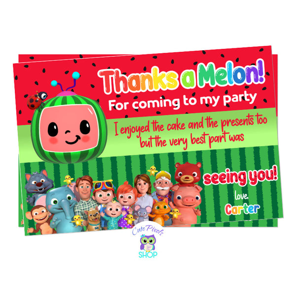 Cocomelon Thank You Card in red with Cocomelon Logo. Watermelon pattern for a Cocomelon Nursery Rhymes Birthday
