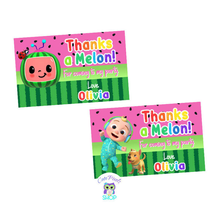 Cocomelon thank you tags, thank you labels for Cocomelon party favors in pink with a watermelon pattern and the Cocomelon logo, Baby JJ and Bingo. Thanks a Melon text like cocomelon logo