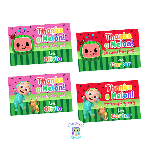 Cocomelon thank you tags, Thank You  labels for Cocomelon party favors, come in pink and red with a watermelon pattern and the Cocomelon logo, Baby JJ and Bingo. Thanks a Melon text