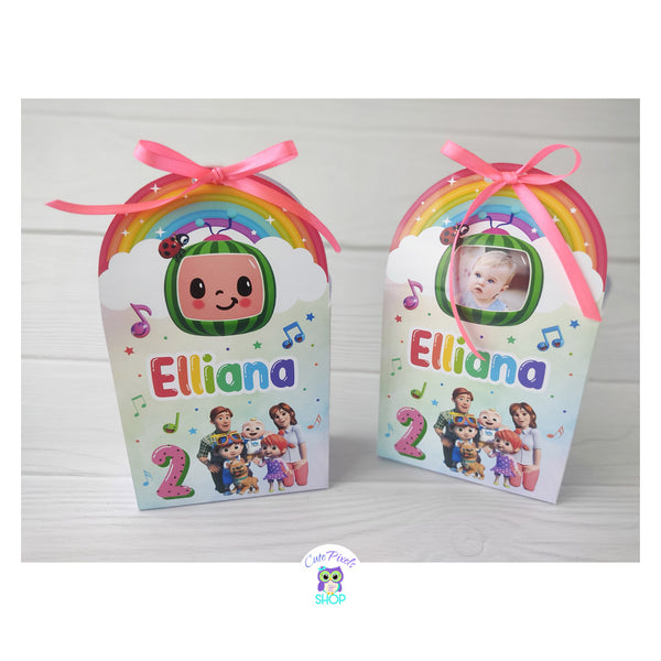 Cocomelon treat boxes, Cocomelon Favor boxes. Perfect for your Cocomelon Birthday party favors. Can be customized with child's photo. Front design with Cocomelon Family, Cocomelon logo and rainbow at the top.