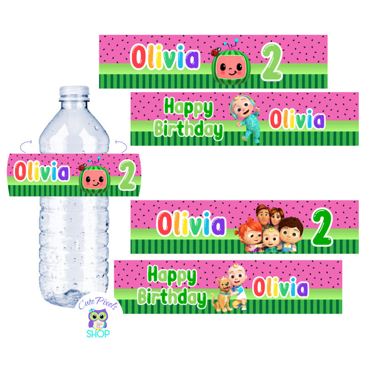 Cocomelon Water Bottle Labels with a pink watermelon pattern, Cocomelon logo, baby and characters. Customized with name and age