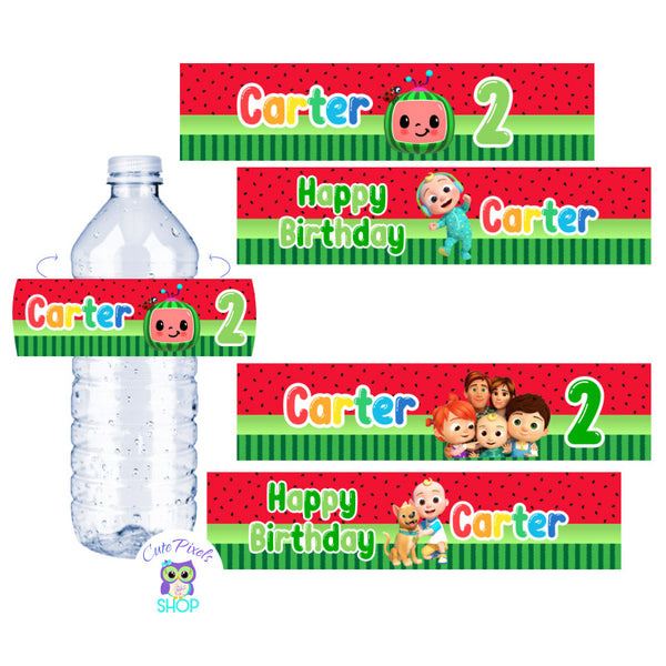 Cocomelon Water Bottle Labels with a red watermelon pattern, Cocomelon logo, baby and characters. Customized with name and age