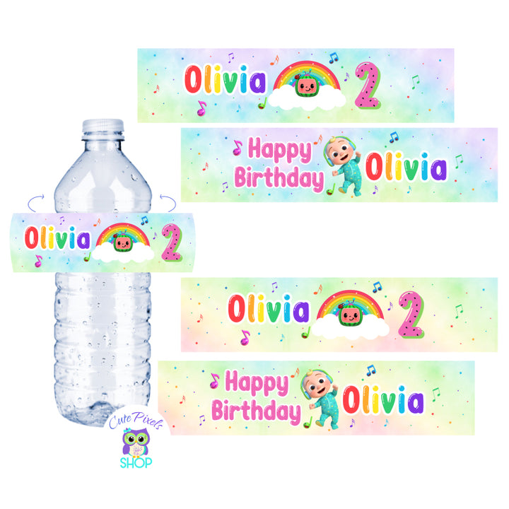 Cocomelon Water Bottle Labels. Cocomelon Drink labels with a soft rainbow background, musical notes and cocomelon characters