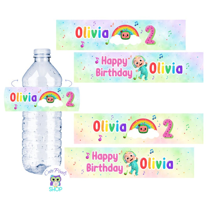 Cocomelon Water Bottle Labels. Cocomelon Drink labels with a soft rainbow background, musical notes and cocomelon characters