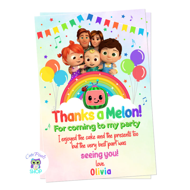 Cocomelon Thank you card in a soft rainbow background full of bunting banners, musical notes, starts and balloons. Card with Cocomelon characters, Baby JJ, Tom Tom and YoYo for a cute Cocomelon Birthday