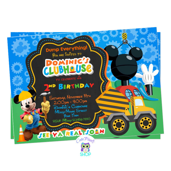 Construction birthday invitation with Mickey mouse and construction truck and signs on it. Perfect to get your birthday party officially under construction