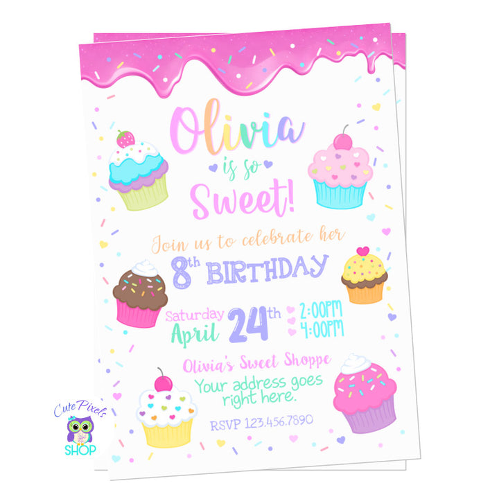 Cupcakes invitation for a sweet birthday party. Full of cupcakes, sprinkles and frosting.