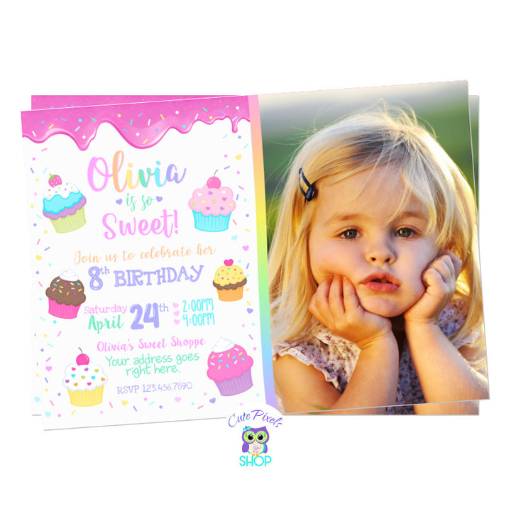 Cupcakes invitation for a sweet birthday party. Full of cupcakes, sprinkles and frosting. Includes Child's photo