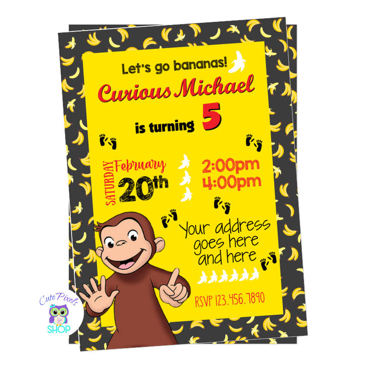 Curious George Invitation in a black and yellow background full of bananas with George, perfect for a Curious George birthday party!
