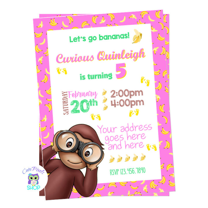 Curious George Invitation in a pink background full of bananas with George with binoculars, perfect for girl Curious George birthday party!