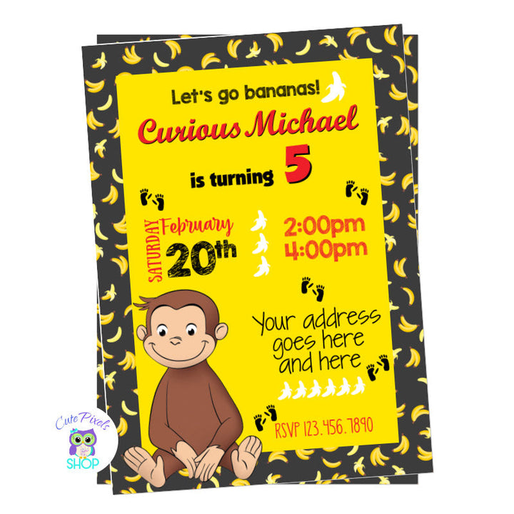 Curious George Invitation in a black and yellow background full of bananas with George seating, perfect for a Curious George birthday party!