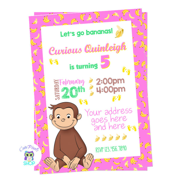 Curious George Invitation in a pink background full of bananas with George seating, perfect for girl Curious George birthday party!