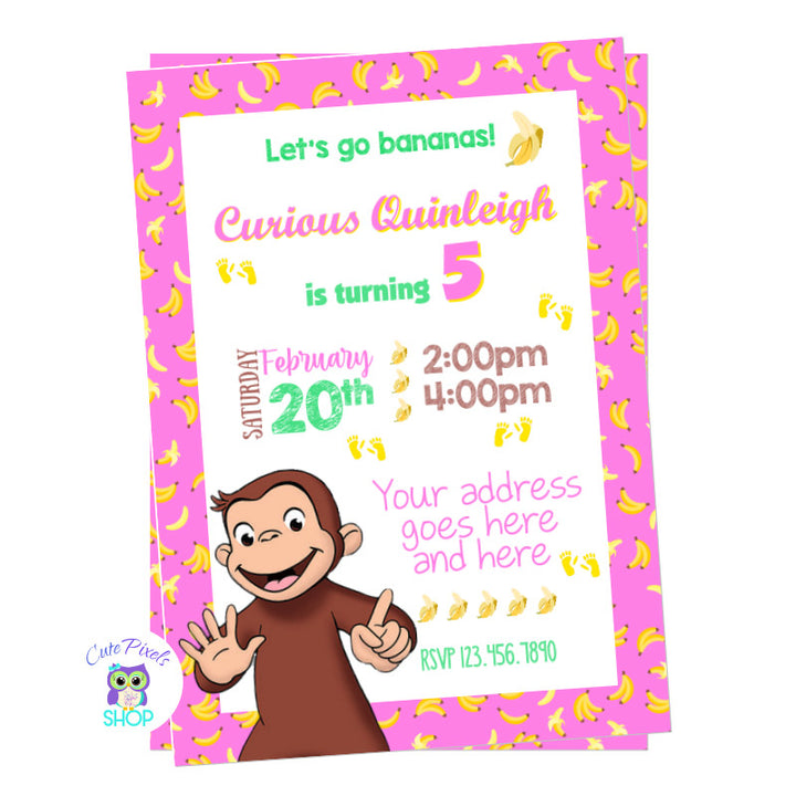 Curious George Invitation in a pink background full of bananas with George counting, perfect for girl Curious George birthday party!