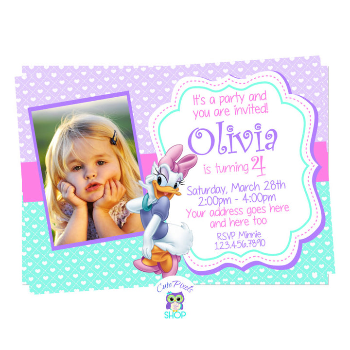 Daisy Duck Birthday Invitation with child's photo. Daisy Duck on a Purple and turquoise background full of hearts.