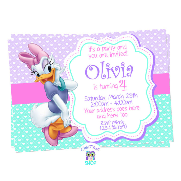 Daisy Duck Birthday Invitation for a Daisy Duck Birthday. Daisy Duck on a Purple and turquoise background full of hearts.