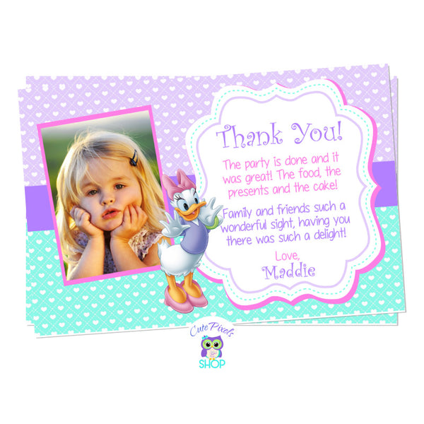 Daisy Duck thank you card with child's photo for a Daisy Duck Birthday. Daisy on a Purple and turquoise background full of hearts.