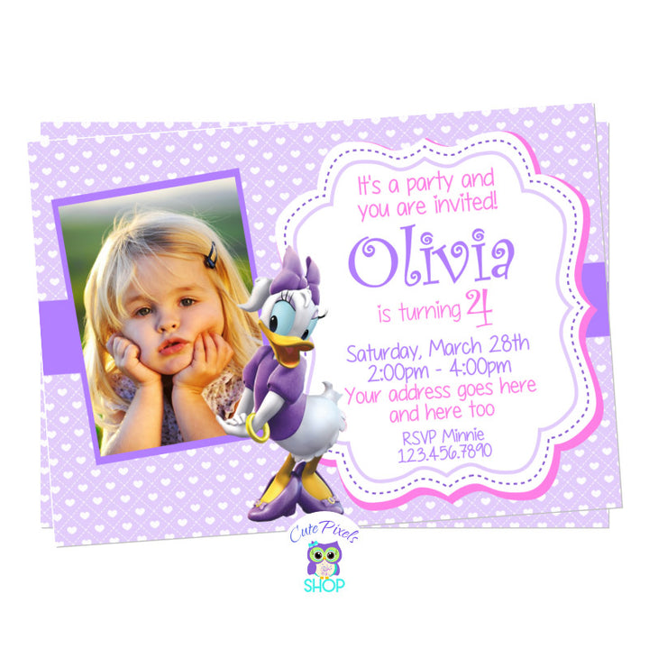 Daisy Duck birthday invitation with child's photo. Purple background with hearts and Daisy Duck on it for a cute Daisy Duck Birthday party