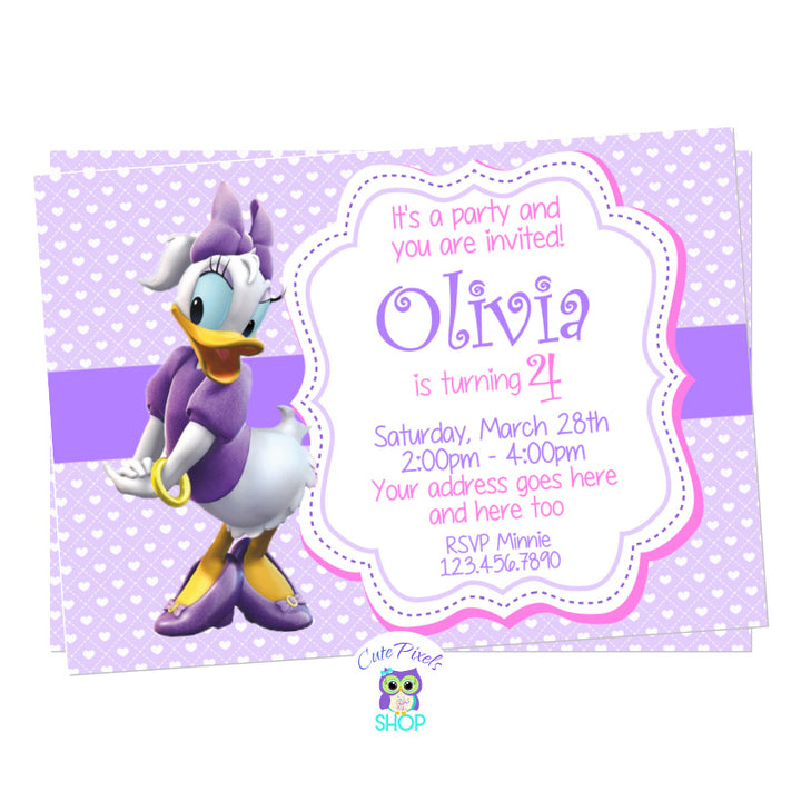 Daisy Duck birthday invitation. Purple background with hearts and Daisy Duck on it for a cute Daisy Duck Birthday party