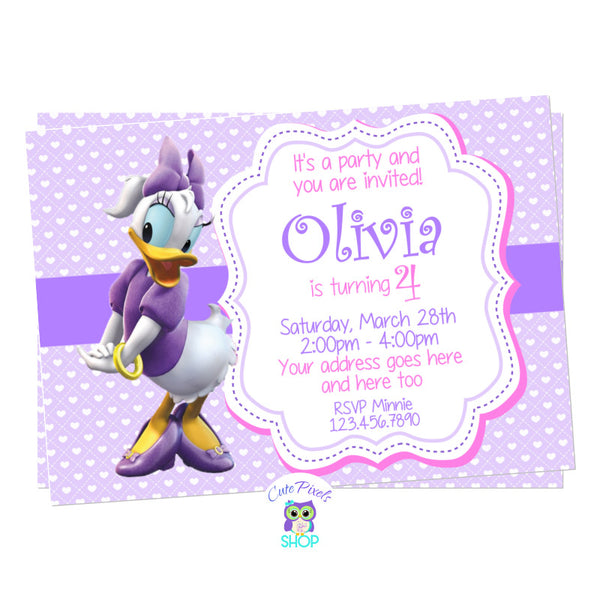 Daisy Duck birthday invitation. Purple background with hearts and Daisy Duck on it for a cute Daisy Duck Birthday party