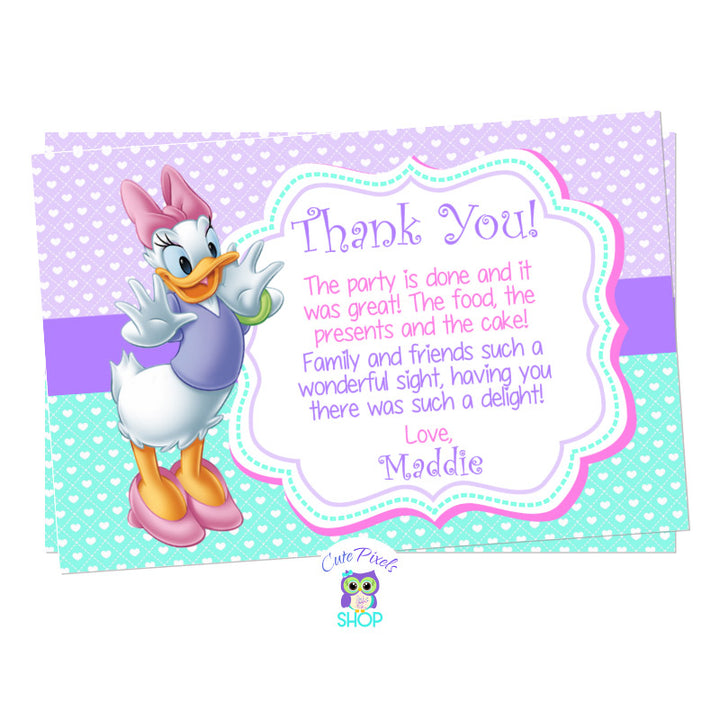 Daisy Duck thank you card with child's photo for a Daisy Duck Birthday. Daisy on a Purple and turquoise background full of hearts.