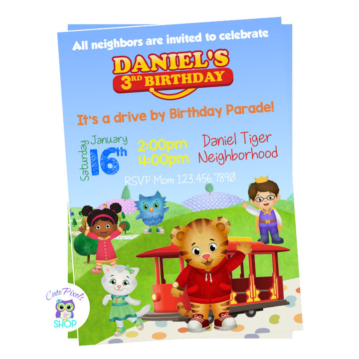 Daniel Tiger birthday invitation for a drive by birthday parade with Daniel tiger in a trolley and all friends around neighborhood