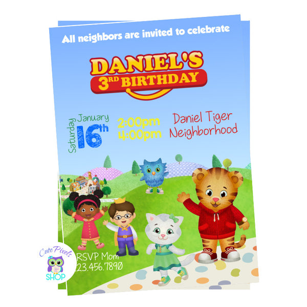 Daniel Tiger birthday invitation with Daniel tiger's neighborhood as background and Katerina, Prince Wednesday, Miss Elaina and O the owl