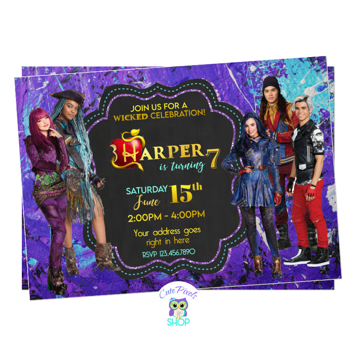 Descendants invitation from Descendants 2 movie with Mel, Evie, Carlos, Jay and Uma. Purple and teal grunge background.