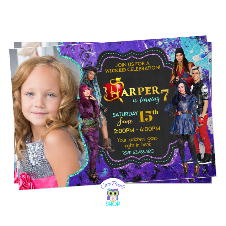 Descendants invitation from Descendants 2 movie with Mel, Evie, Carlos, Jay and Uma. Purple and teal grunge background. Includes your child's photo