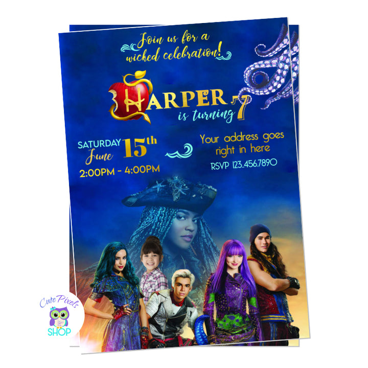 Descendants invitation from Descendants 2 movie with Mel, Evie, Carlos, Jay and Uma. Has some octopus tentacles grabbing your child's age. Includes child's photo