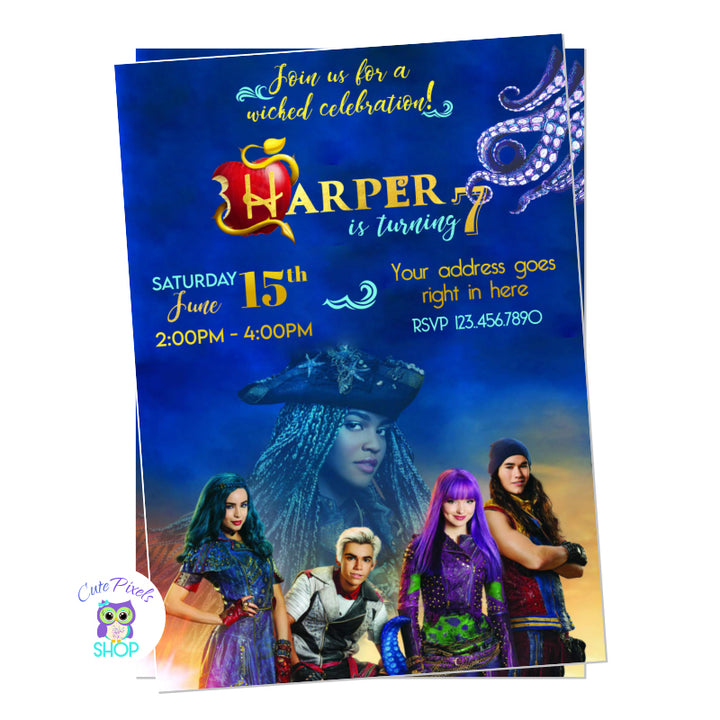 Descendants invitation from Descendants 2 movie with Mel, Evie, Carlos, Jay and Uma. Has some octopus tentacles grabbing your child's age