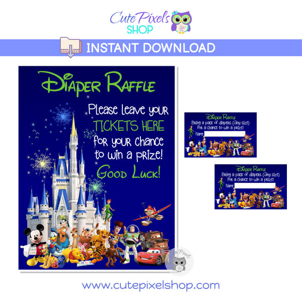 Baby Shower Game, Diaper Raffle for you Disney Characters Baby Shower. Disney Castle Baby Shower for boy