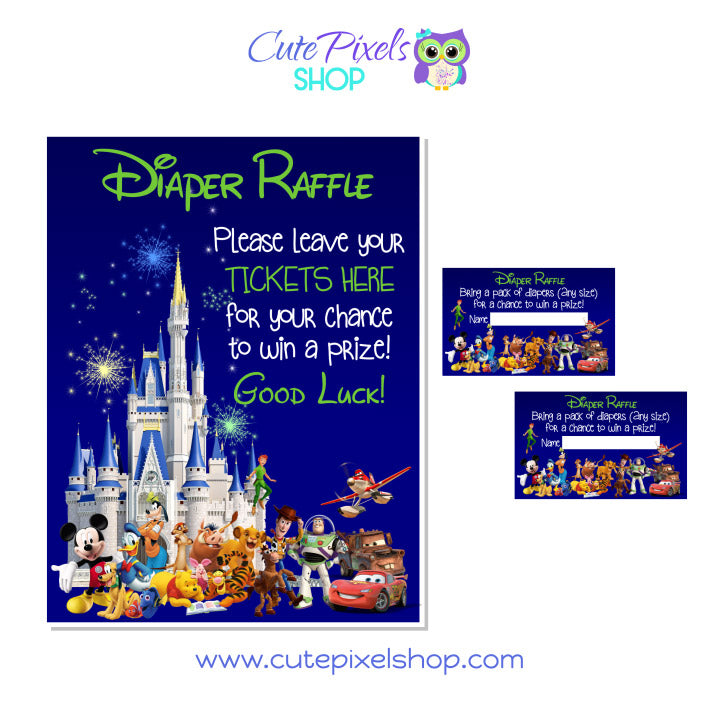 Disney Characters and Castle Baby Shower Diaper Raffle for Boys. Diaper Raffle sign and tags for your Disney Baby shower full of Disney characters and the Disney Castle.