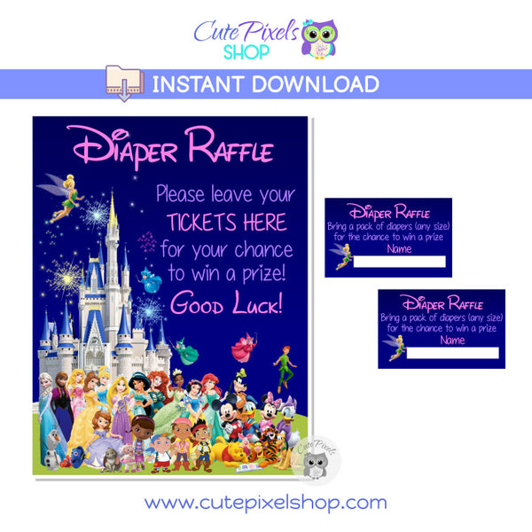 Diaper Raffle game for a Disney Characters baby shower for a girl with many Disney characters and Disney castle on it