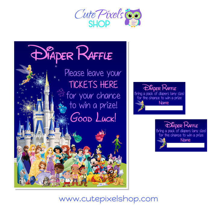 Disney Characters and Castle Baby Shower Diaper Raffle for Girl. Diaper Raffle sign and tags for your Disney Baby shower full of Disney characters, princess and the Disney Castle.