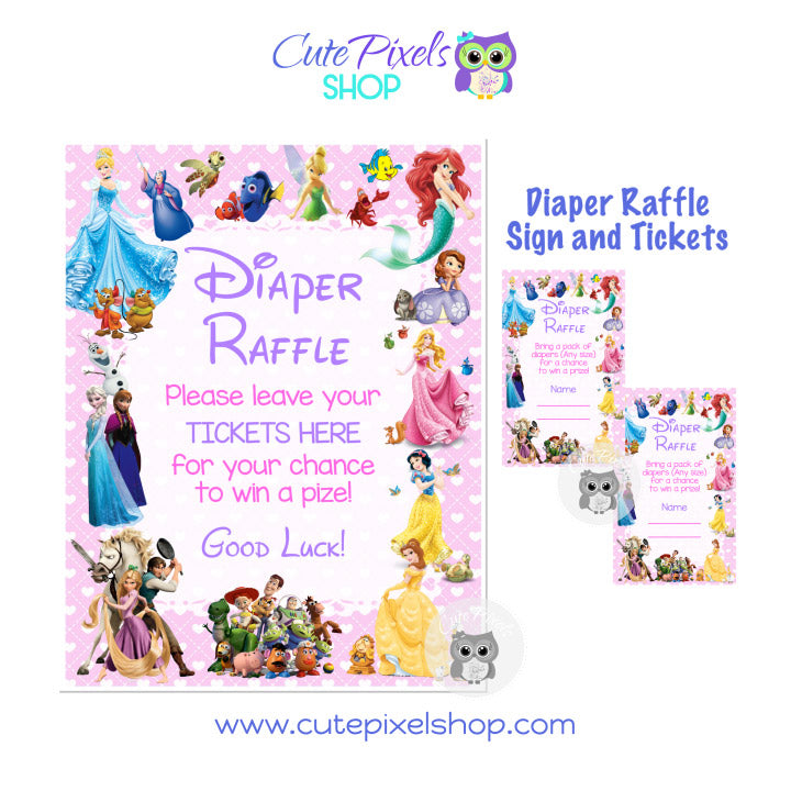 Disney Characters  Baby Shower Diaper Raffle for Girl. Diaper Raffle sign and tags for your Disney Baby shower full of Disney characters and Disney princess. Pink background with hearts.