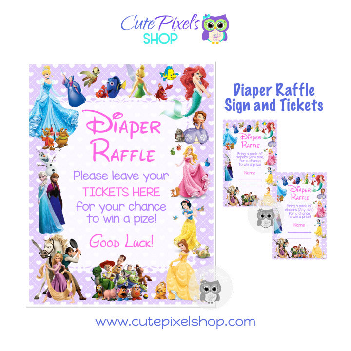 Disney Characters Baby Shower Diaper Raffle for Girl. Diaper Raffle sign and tags for your Disney Baby shower full of Disney characters and Disney princess. Purple background with hearts.