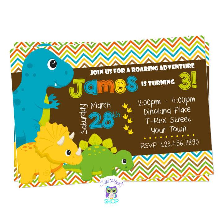 Dinosaur Birthday Invitation in a brown  background with cute Dinosaurs