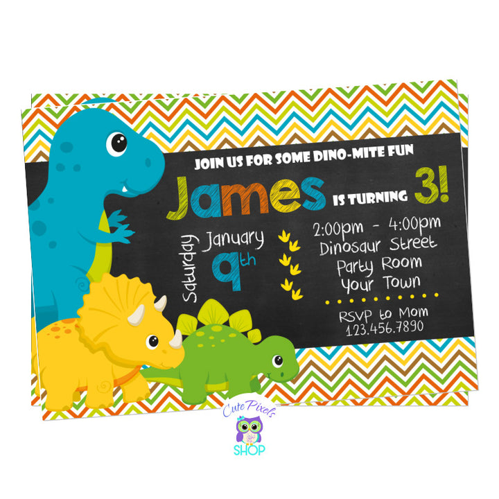 Dinosaur Birthday Invitation in a Chalkboard  background with cute Dinosaurs