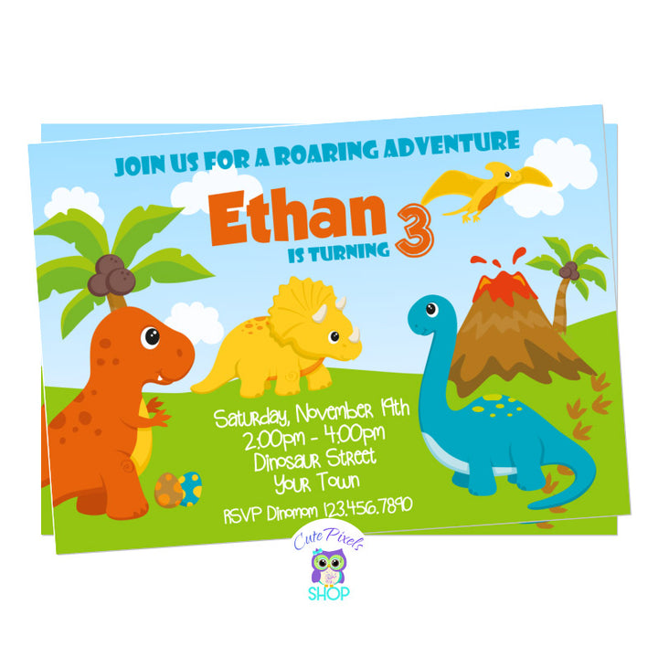 Dinosaur Birthday Invitation with cute dinosaurs in Orange, Blue, yellow and green for a Roaring Dinosaur birthday party