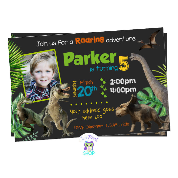 Real dinosaurs Birthday invitation with child's photo, a chalkboard background and T-rex, Brachiosaurus, Triceratops, Pteranodon and velociraptor ready to party
