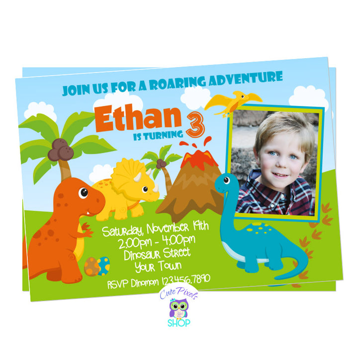 Dinosaur Birthday Invitation with cute dinosaurs in Orange, Blue, yellow and green for a Roaring Dinosaur birthday party. Includes Child's photos