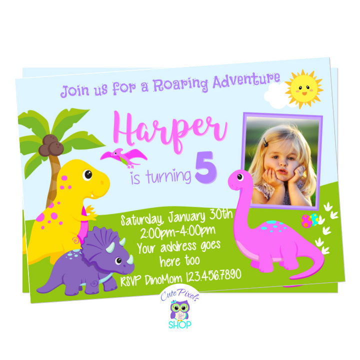 Dinosaur Birthday Invitation for girl with cute dinosaurs in Pink, purple, yellow and green for a Roaring Dinosaur birthday party. Includes child's photo