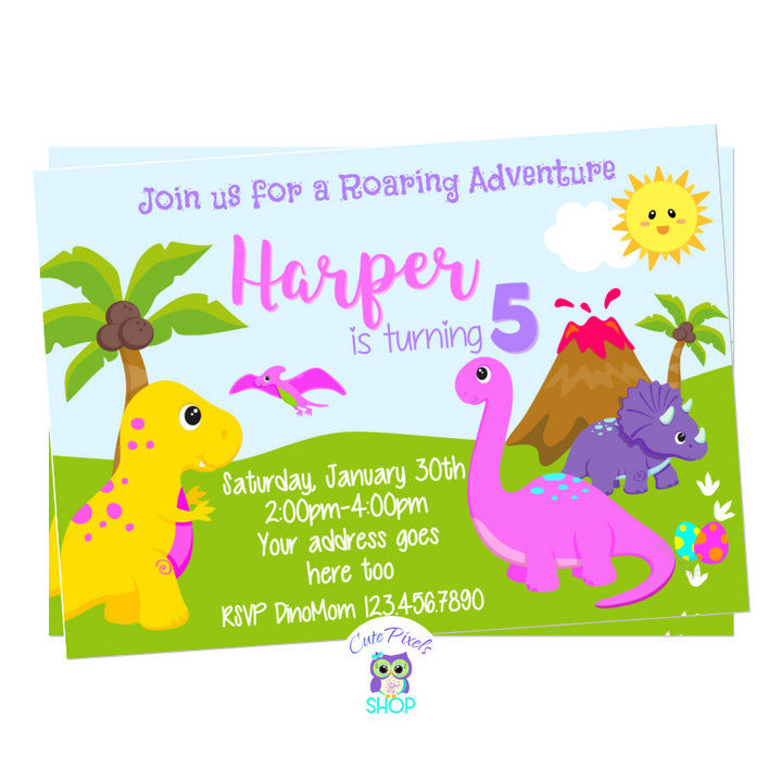 Dinosaur Birthday Invitation for girl with cute dinosaurs in Pink, purple, yellow and green for a Roaring Dinosaur birthday party