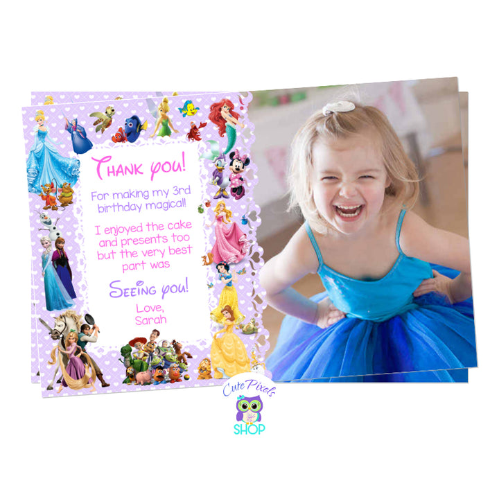 Disney Thank You Card with multiple Disney characters for a cute Disney Birthday Party, for a girl. Disney card comes in purple background with hearts and the Disney characters around: Cinderella, Belle, The Little Mermaid, Snow White, Sleeping Beauty, Elsa and Anna, Minnie Mouse and Daisy, Toy Story, Tinkerbell and Nemo. Includes Child's photo