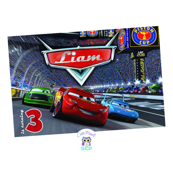 Disney Cars Backdrop. Have Lightning McQueen in the race road as a backdrop to decorate your cars Birthday, customized with your child's name and age