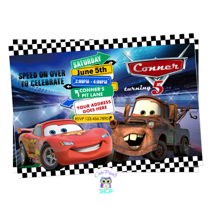 Disney Cars Invitation with Lighting McQueen and Mater in a racing lane. Full of Street signs with your party info and the Cars logo with child's name and age