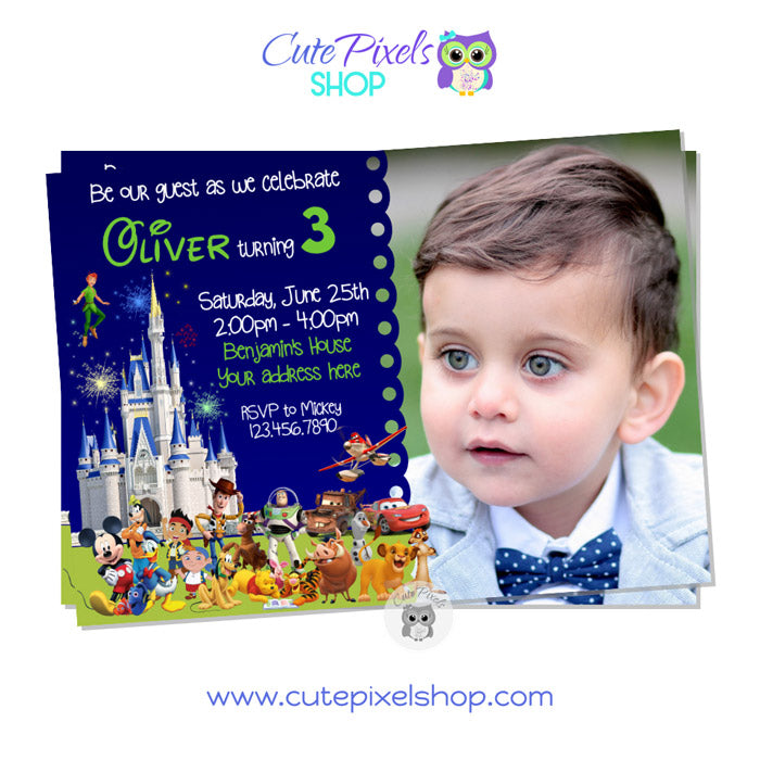 Disney Castle Invitation for boy with all Disney Characters, Invitation with child's photo
