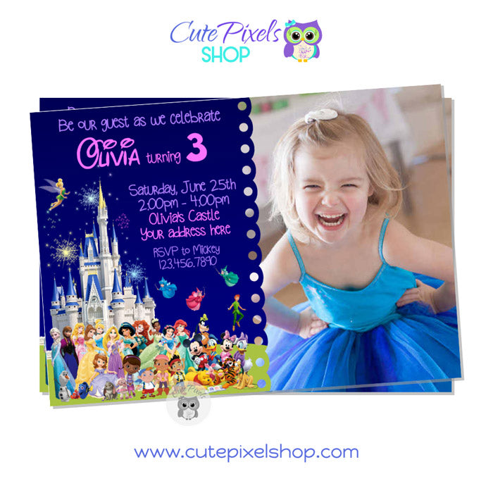 Disney Castle Invitation for Girl with all Disney characters, Invitation with Photo