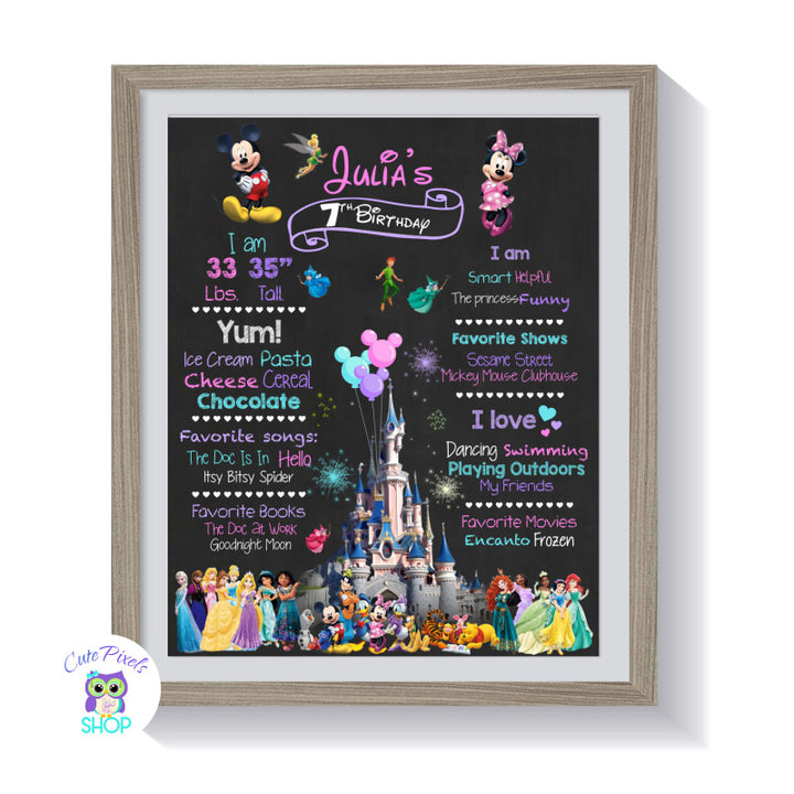 Disney chalkboard sign for milestones to celebrate your child's birthday with their milestones. It has the Disney castle, Mickey Mouse, Minnie and his friends together with many Disney princess.. Hang on frame