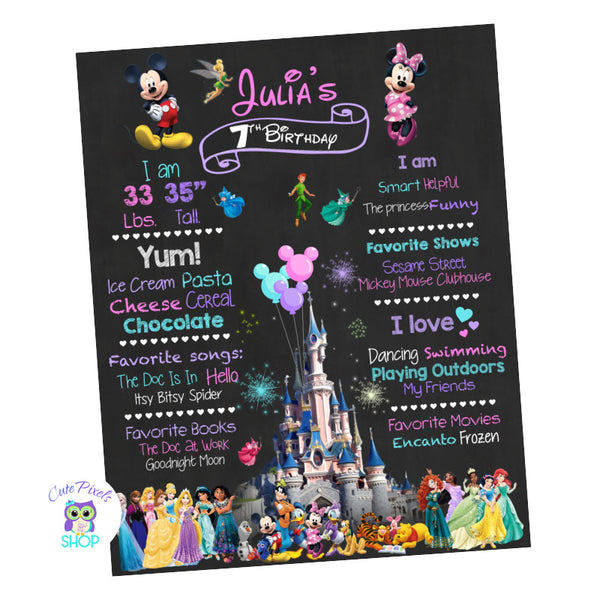 Disney chalkboard sign for milestones to celebrate your child's birthday with their milestones. It has the Disney castle, Mickey Mouse, Minnie and his friends together with many Disney princess.